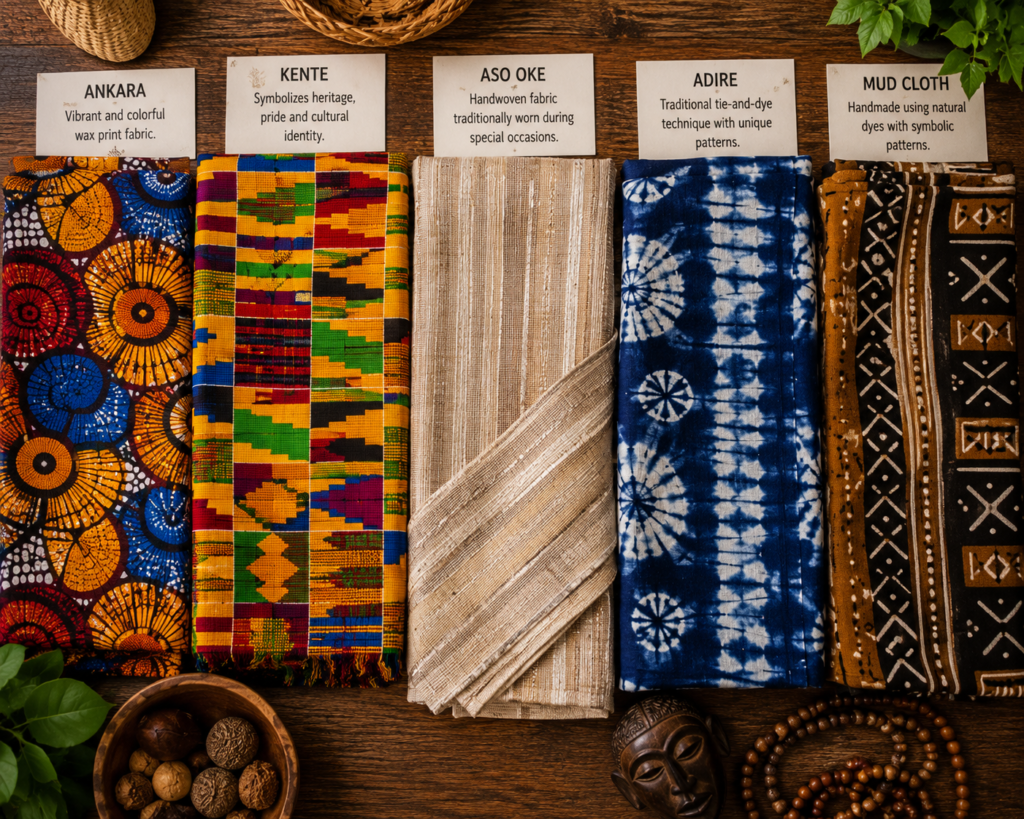Traditional African fabrics including Ankara, Kente, Aso Oke, Adire, and Mud Cloth