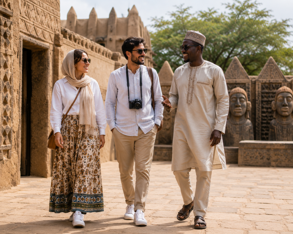 Travelers wearing respectful clothing at an African cultural heritage site