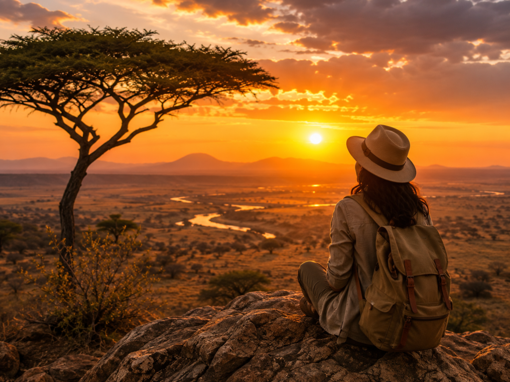 Travel Fashion in Africa: Stylish traveler enjoying an African landscape during sunset