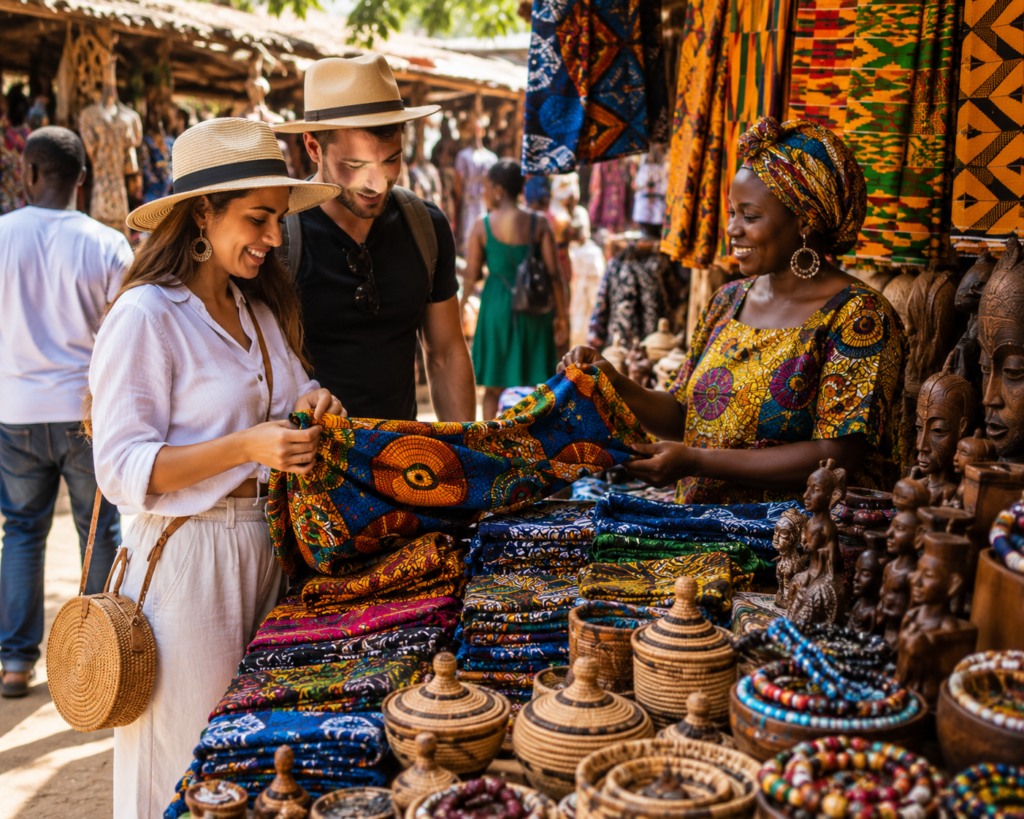 Tourists exploring African fashion and textile markets
