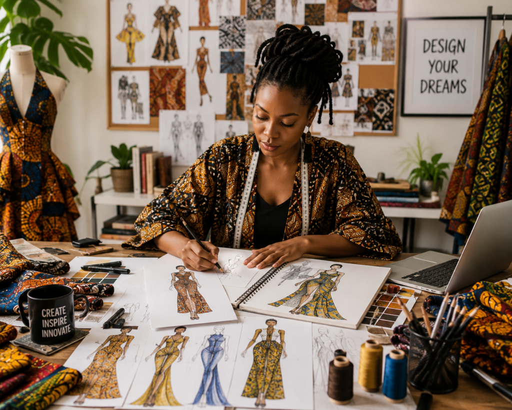 African fashion designer creating innovative clothing designs