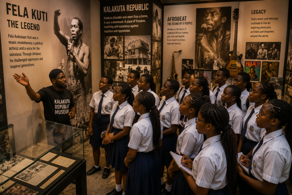 Students on an educational excursion at the Kalakuta Republic Museum in Lagos, listening to a guide explain Fela Kuti's life, afrobeat music and Nigerian history