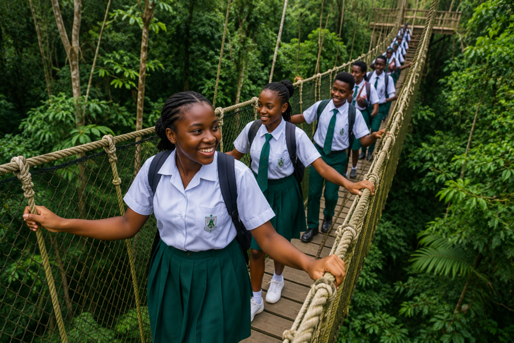Students walking on the Lekki Conservation Centre canopy walkway