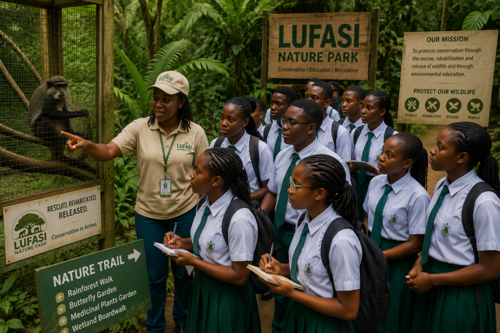 Students learning about wildlife conservation at LUFASI Nature Park