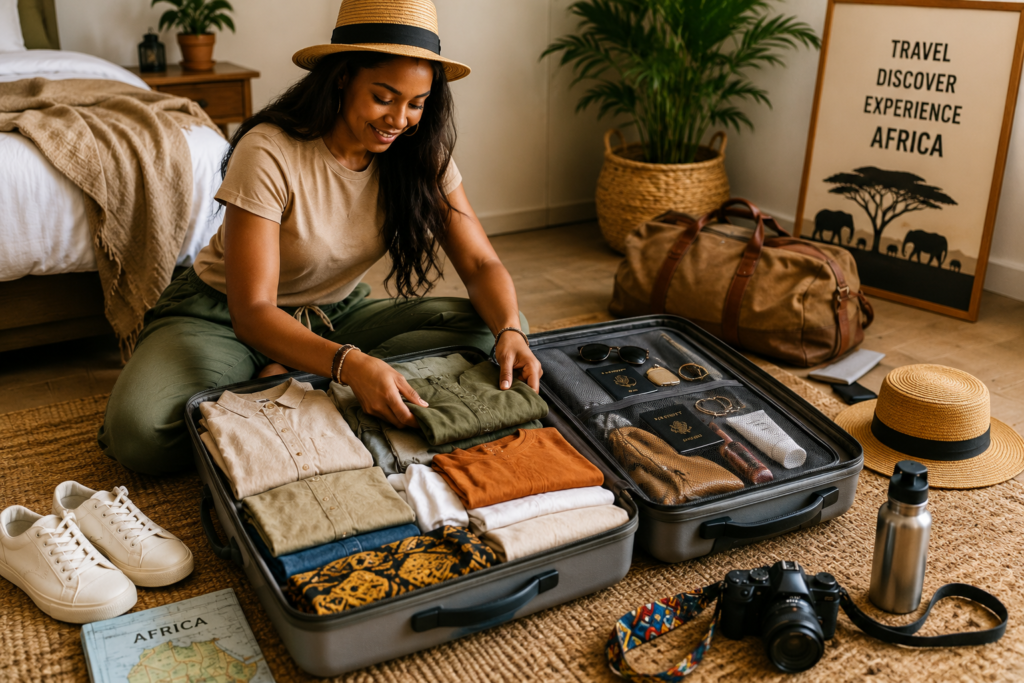 Traveler packing lightweight clothing and travel essentials for an African adventure