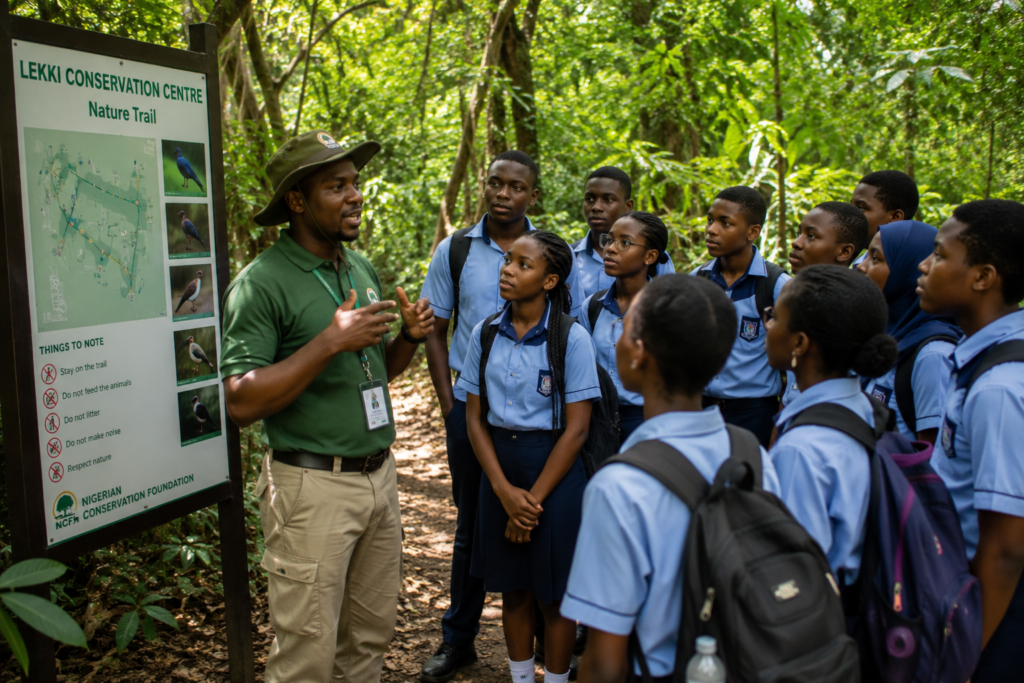 School pupils learning about biodiversity during an excursion