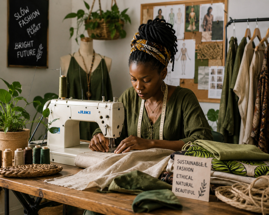 African designer creating sustainable clothing using eco-friendly materials