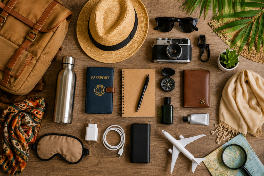 Travel Fashion in Africa: Essential travel accessories including sunglasses, hat, scarf, backpack, and reusable water bottle
