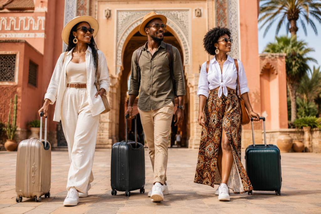 Traveler wearing stylish and practical clothing while exploring an African destination.