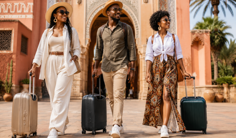 Stylish travelers wearing practical travel outfits while exploring an African destination